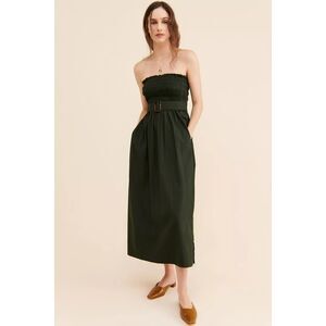 Anthropologie Beachgold Jane Midi Dress Size Medium Dark Green Belted Smocked